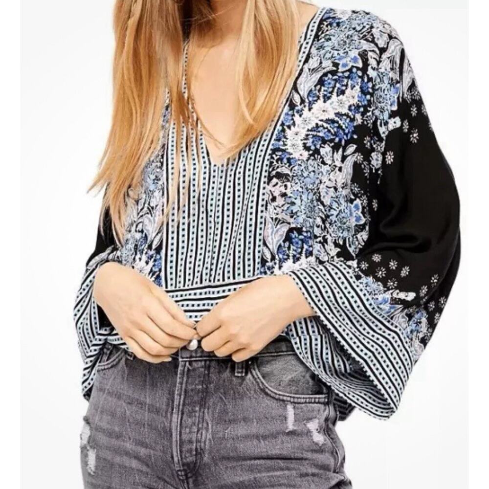 Free People Black and Blue Floral V-Neck Boho Blouse
